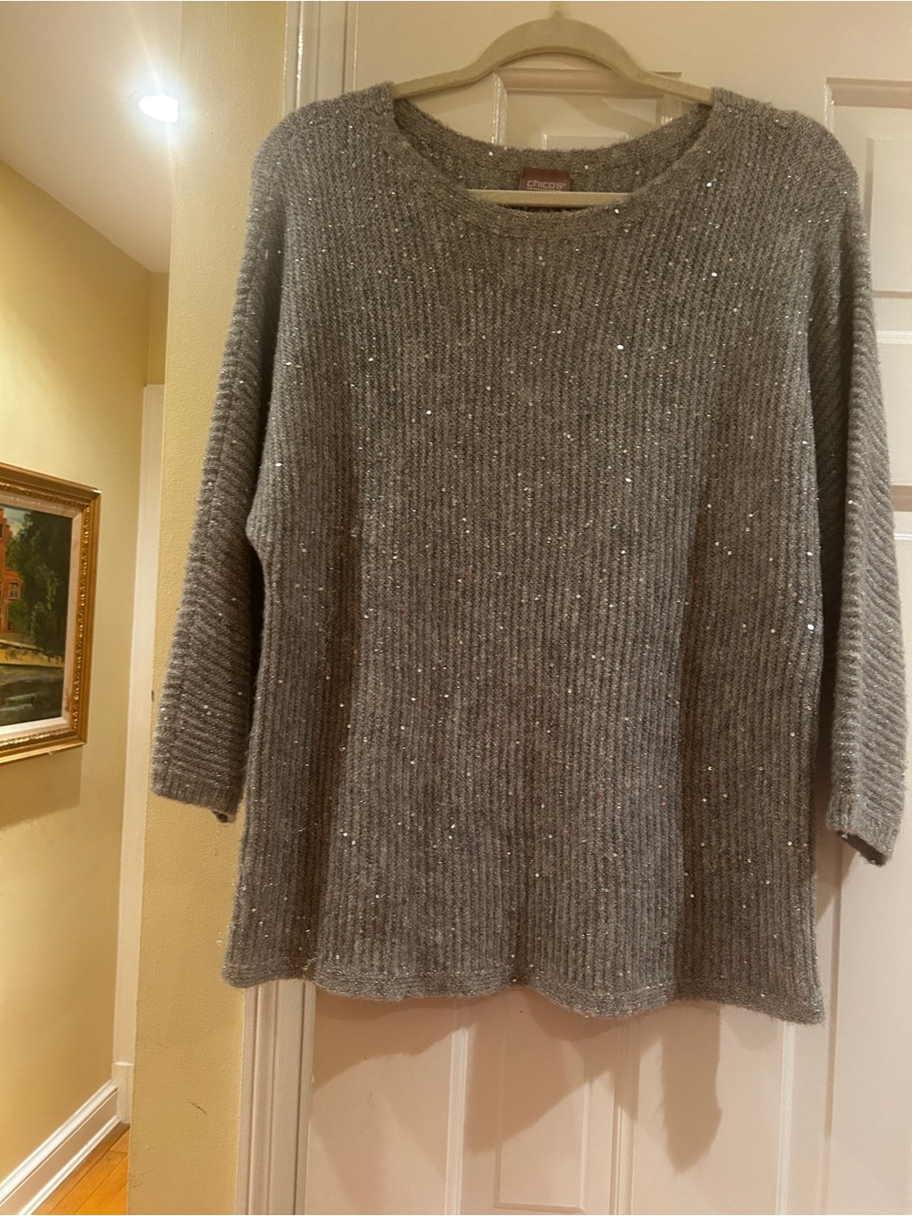 Chico's Silver-Gray Sparkle Ribbed Crewneck Sweater